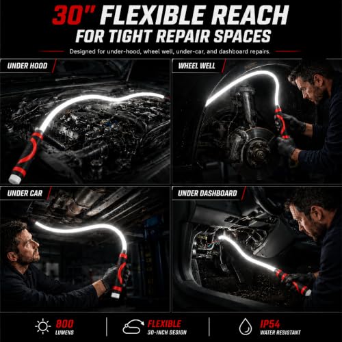 Flexible LED Flashlight Stick, 30" Bendable Mechanic Work Light, 1200LM | Rechargeable Inspection Light with 3 Modes, USB-C Charging, IPX6 Waterproof for Car Repair, Under Hood and Tight Spaces 30"
