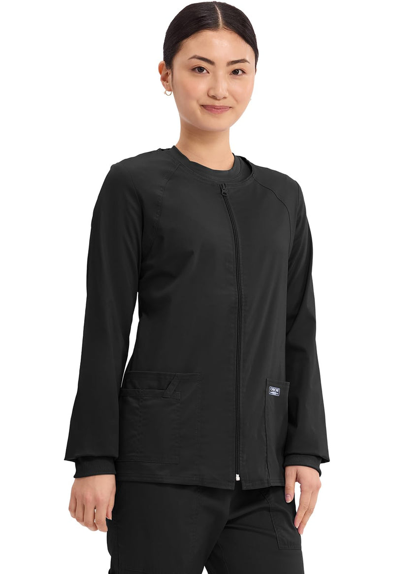 Cherokee Zip Front Scrub Jackets for Women, 3 Pockets, 2-Way Stretch, Soft, Breathable,Brushed Twill - 4315 Medium Black