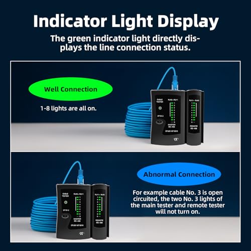 Mcbazel Ethernet Cable Tester - RJ45 RJ11 Network Tester Tool for CAT5/CAT5e/CAT6/CAT6a/CAT7, Portable LAN Wire Continuity Checker with LED Indicators, S-Mode Speed & Detachable Remote - Black