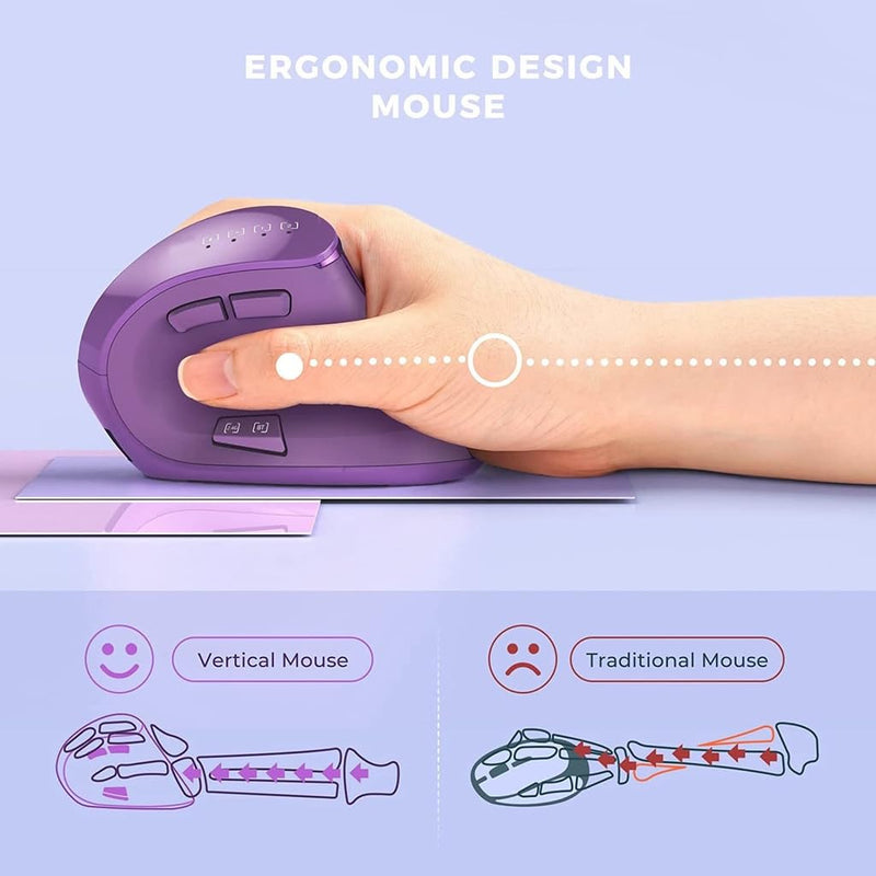 JOMAA Vertical Ergonomic Wireless Mouse, 2.4G and Bluetooth 5.0/3.0 Dual Mode, Silent, 3 Adjustable DPI Levels, Rechargeable, for Laptop/PC/Mac/iPad/Android Purple