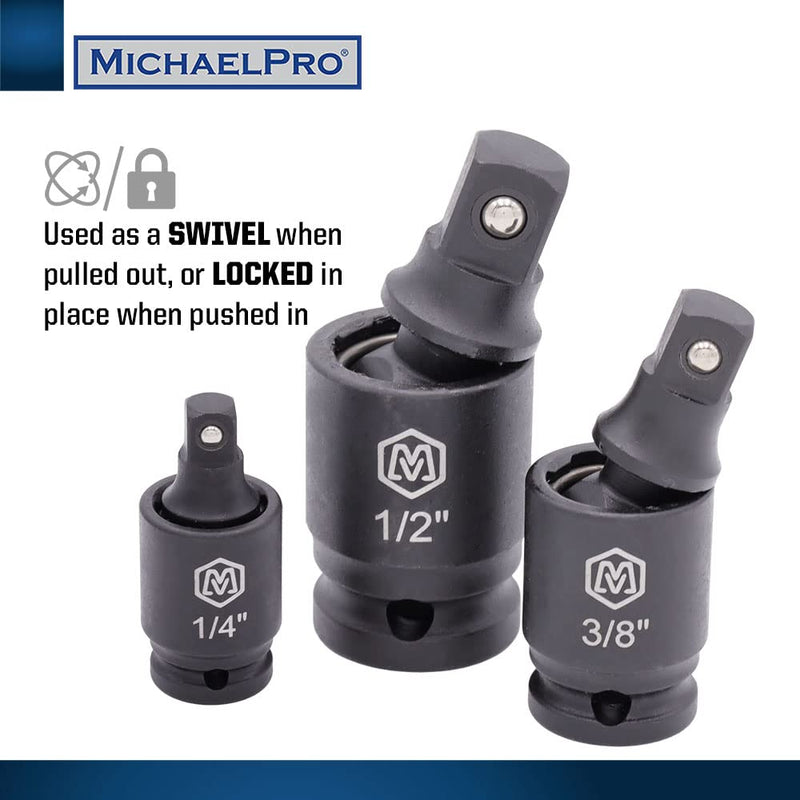 MichaelPro 3-Piece Impact Grade Universal Joint Swivel Socket Adapter Set, 1/4'', 3/8'', 1/2'' Drive, Cr-Mo Alloy Steel, 360-Degree U-Joint Sockets, Access Hard-to-Reach Fasteners - MP005026