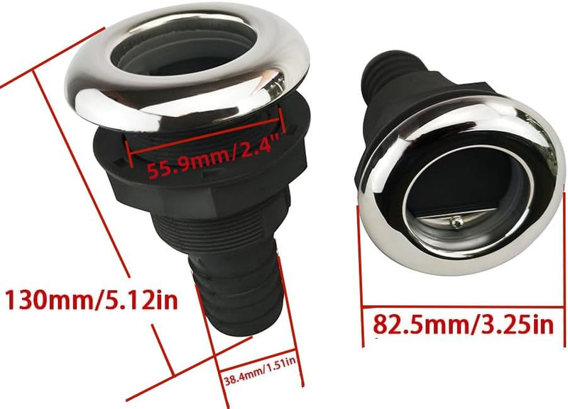 2Pcs Boat Plastic Thru Hull Grey Nylon Join 1 ½-Inch Scupper Valve,Top Cover 316 Stainless Steel Cover,and Equipped with A Water Baffle