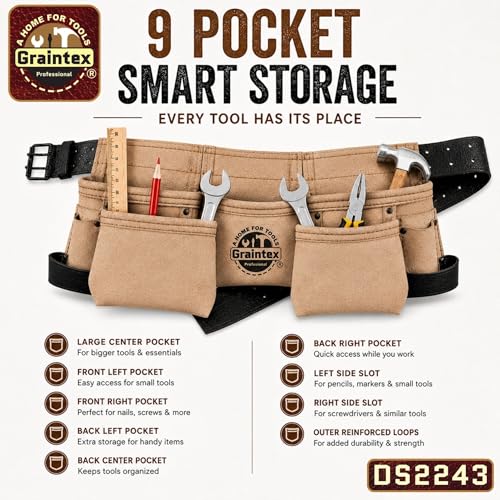 Graintex DS2243 :: 9 Pocket Children Tool Belt Beige Color Suede Leather, Kids Real Tool Belt, Boys and Girls Tool Apron for Home Improvement, 1.1/2" Leather Belt, Hammer Loops 9 Pockets