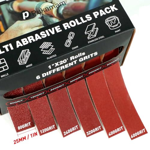 6 PCS Emery Cloth Roll 80-600 Grit 1" x 19.7' for Metal & Wood, 6m Each 6 Grits Pack (80/120/240/320/400/600)