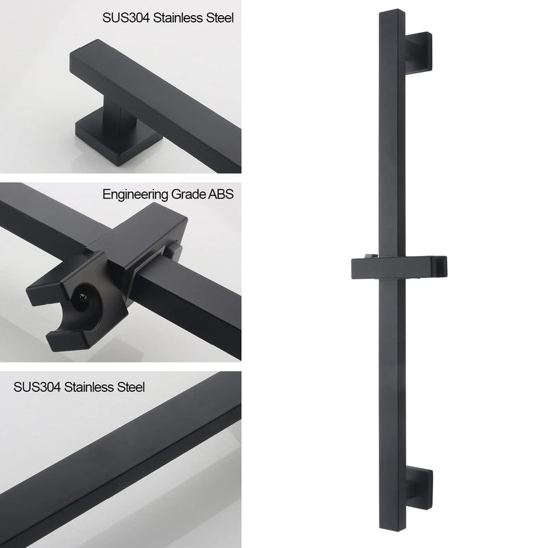 Bathroom Shower Slide Bar, Adjustable Handheld Shower Holder Wall Mount Shower Bar Stainless Steel, Matte Black Square Slide Bar