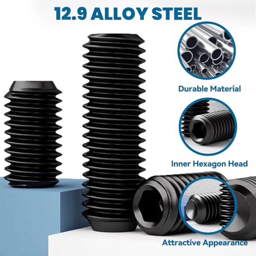 1500 Pcs 32 Size Set Screws Metric&SAE Set Screw Assortment Kit,Black 12.9 Alloy Steel Set Screws Grub Screws for Bathroom Fixtures Door Handles(M3-M8, 1/8"-40 to 5/16"-18) 1500