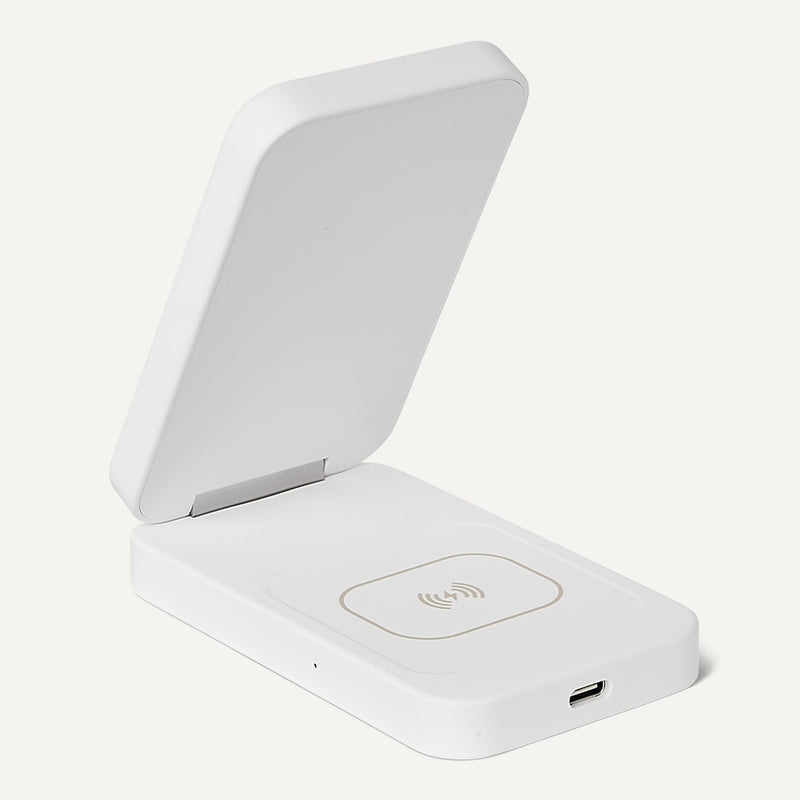 Amazon Basics MagSafe Compatible Wireless Charging Station, 25W Max. Fast Charging Qi2.2 Certified 2-in-1 Charger, Foldable Stand for iPhone 17/16/15/14/13/12 & AirPods, with 45W Max. Adapter, White