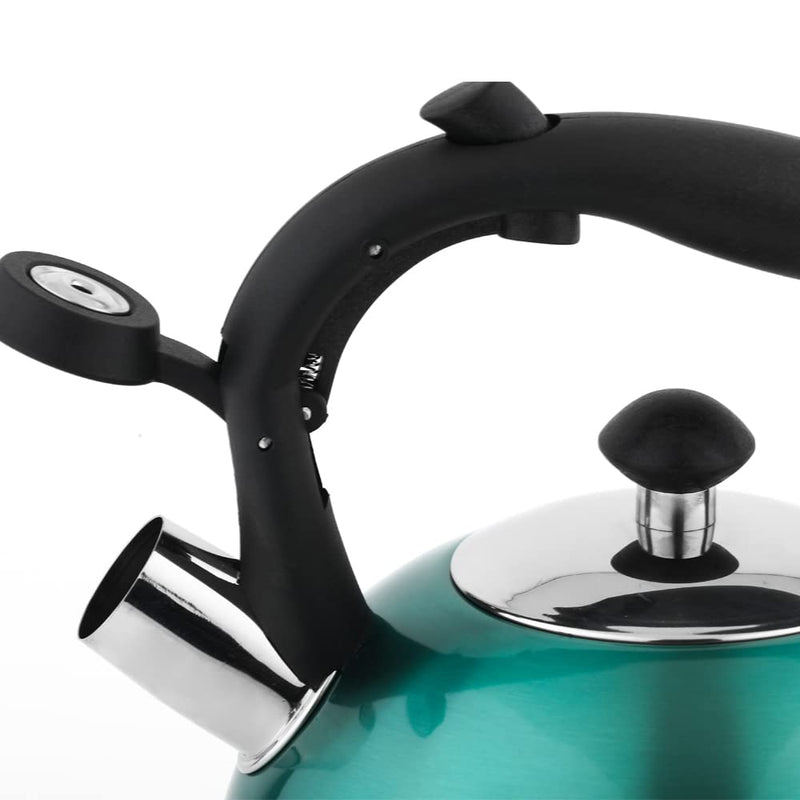 Amazon Basics Stovetop Whistling Tea Kettle, Fast Boiling, Stainless Steel, Food Grade, Ergonomic Handle, 2.3 Liter, Teal 2.3 Liters
