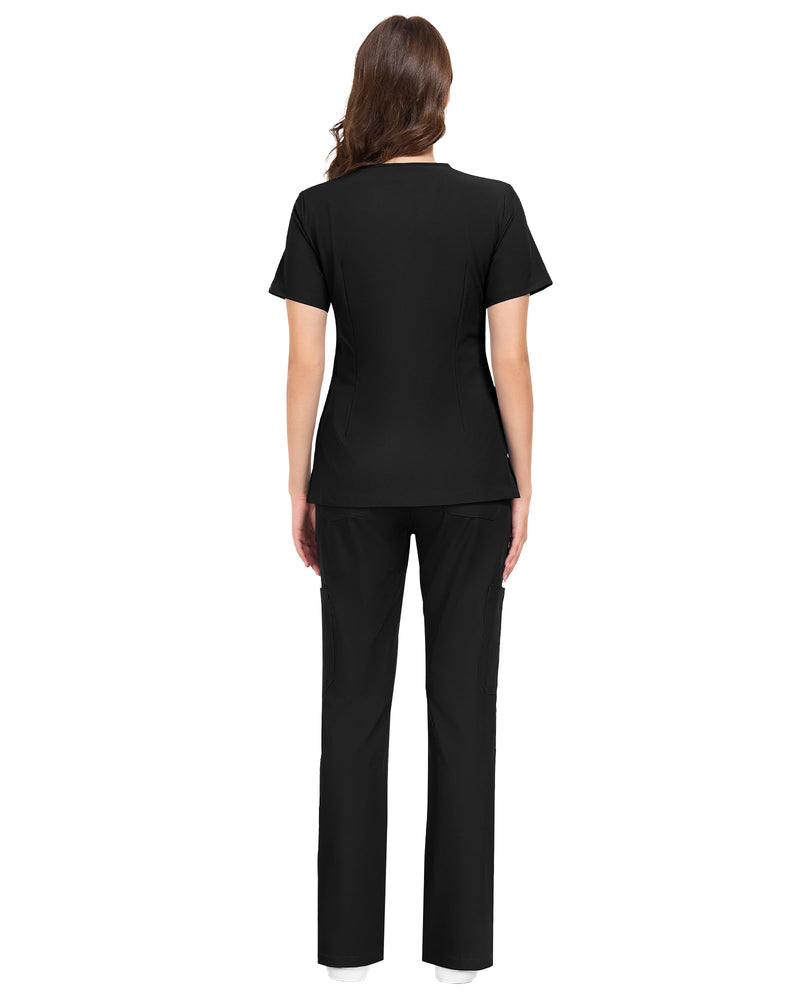 COMENII Scrubs for Women Set, V-Neck Top & Straight Leg Pants with 11 Pockets, Stretch Comfortable Womens Scrub Sets Regular 30" Medium Black