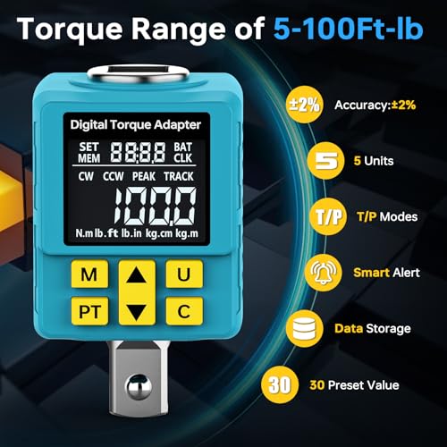 1/2" Digital Torque Wrench Adapter 5-100 ft-lb (6.8-135Nm), ±2% Accuracy