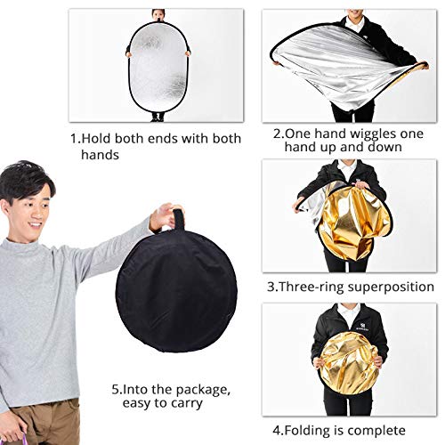 Photography Light Reflector with Clip 5 in 1 Portable 60x90cm/24x35inch Oval Collapsible Multi Disc Photography Studio Photo Camera Lighting Reflector Diffuser Clip60x90cm 5in1