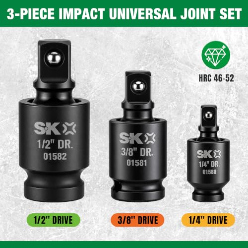 SK Pinless Impact Universal Joint, Swivel Socket Adapter Set 1/4" 3/8" 1/2"