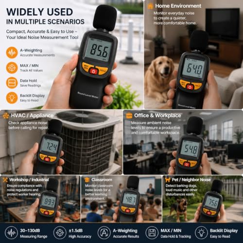 Decibel Meter, Digital Sound Level Meter 30-130dB A-Weighted