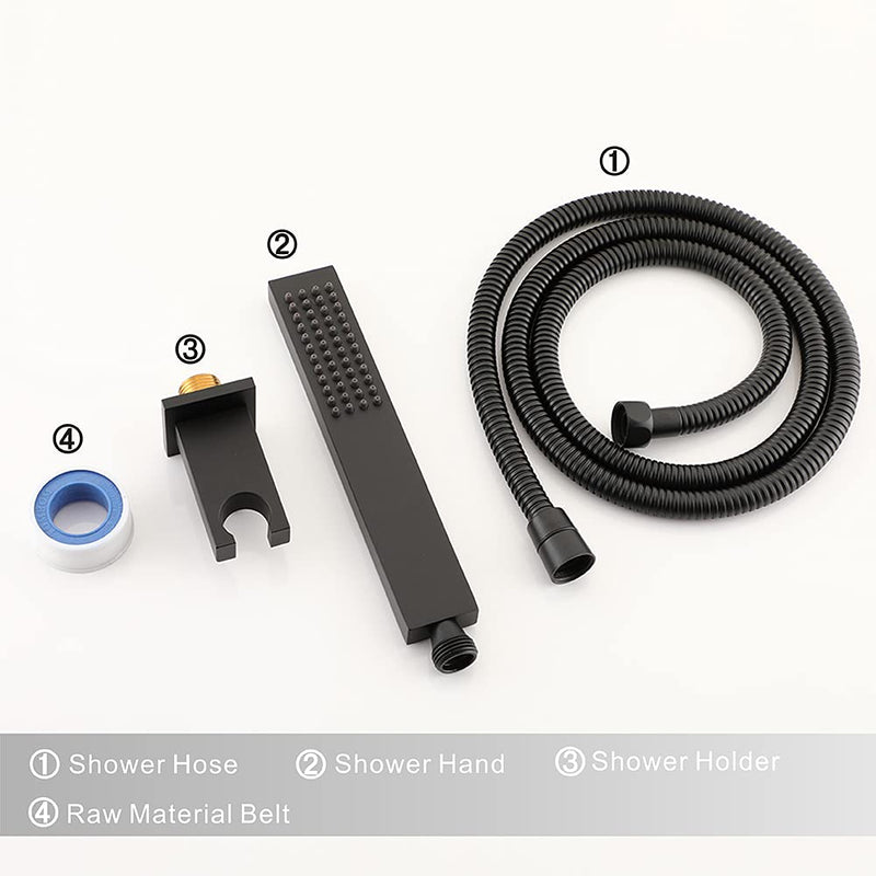 Asyas Solid Brass High Pressure Hand Held Shower Square Sprayer Head with Fixed Elbow Wall Connector Shower Holder and Hose Set Matte Black Black handheld set