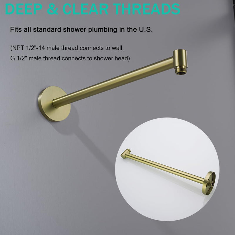Shower Arm,16 Inch Rain Shower Head Extension Extender, With Flange and Teflon Tape, Made of Thicken Stainless Steel for Bathroom Rainfall Shower,Brushed Gold,SE-91088-16BG Brushed Gold(91088)