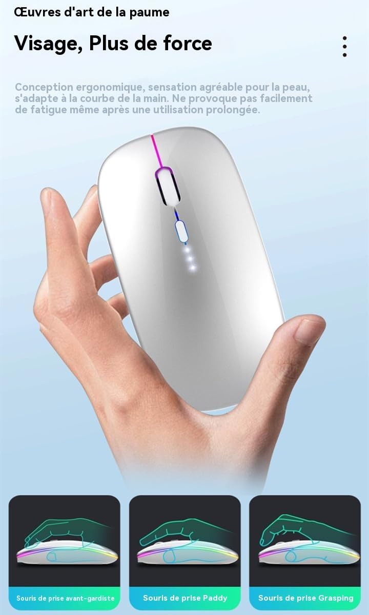 Rechargeable Wireless Mouse, Silent Bluetooth Mouse Silver | Supports Bluetooth 5.2 and 2.4G dual-mode, ergonomic design with LED indicator - portable, for Laptop, Desktop & Tablet