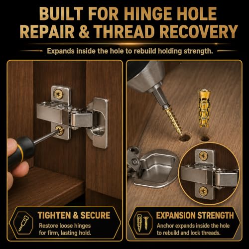 30 Pack 6×14mm Short Expansion Screw Set for Cabinet Hinge Repair and Stripped Thread Restoration,Door Hinge Thread Repair Screws,Wall Anchors Screws Fit 6mm Holes for Tile Stone Wood Door gold-30Pcs
