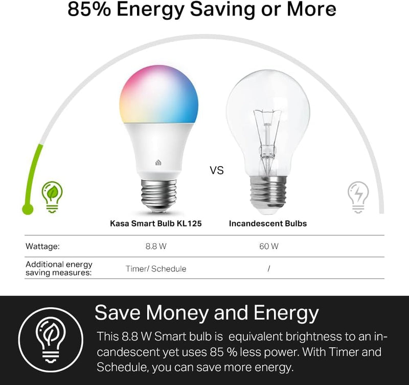 Kasa Smart Light Bulbs, Full Color Changing Dimmable Smart WiFi Bulbs Compatible with Alexa and Google Home, A19, 9W 800 Lumens,2.4Ghz only, No Hub Required, 4 Count (Pack of 1), Multicolor (KL125P4) 4 Pack 800 Lumens, 4-Pack