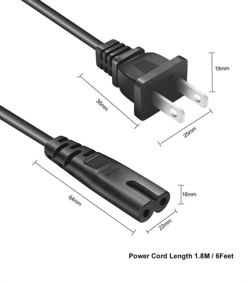 2 Prong Mini Fridge Power Cord Cable Compatible for Cooluli Mini Fridge, AstroAI Mini Fridge, Living Enrichment, koolatro, Frigidaire, Chefman Mini Fridge Charger Cord (6FT Black) 6 Feet