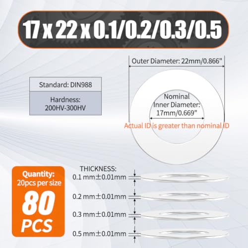 Shim Washer 17 x 22 Precision Spacers Kit 80 Pcs 0.1/0.2/0.3/0.5mm Thick 17 x 22 x 0.1/0.2/0.3/0.5mm