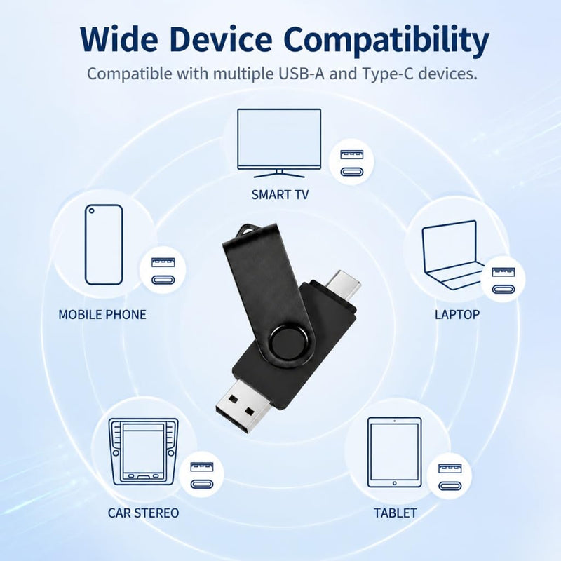 USB Flash Drive 256GB, 2-in-1 Type-C and USB-A Thumb Drive,256GB Swivel Design Memory Stick for Laptop, PC and Compatible Smartphones - Black