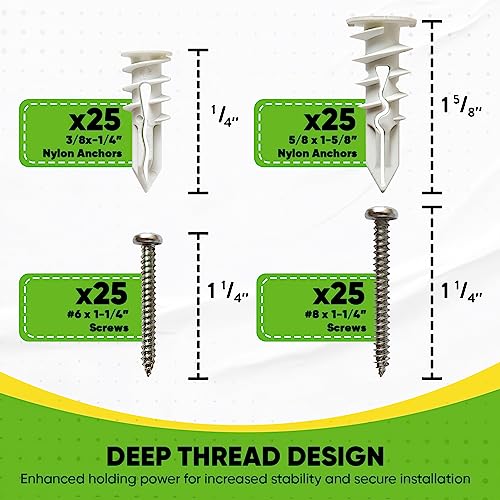 Drywall Anchors Plastic Self-Drilling - Wall Anchors for Drywall Pack Includes 25 Large and 25 Small Anchors With Fitting Phillip Zinc Screws, Hold up to 30-60 Lb. No Pre Drill Hole Required (Plastic)