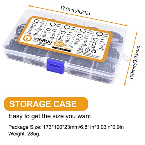 VIGRUE 500Pcs Snap Rings Assortment Alloy Steel External Circlip Snap Retaining Clip Rings Set, M4-M28, 21 Different Sizes Black