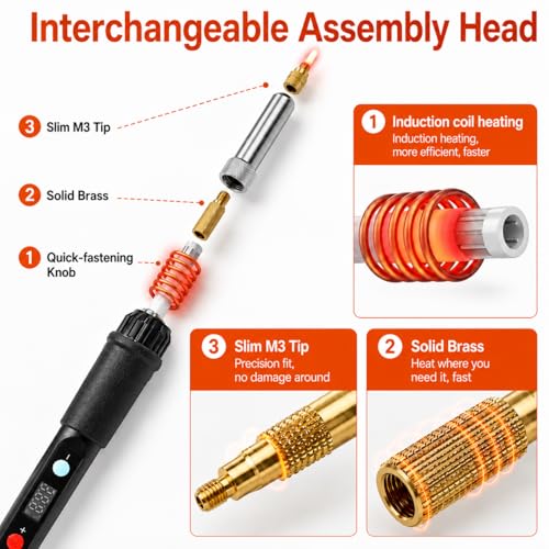 Threaded Inserts - M3 Heat Set Inserts Kit, 360Pcs Brass Heat Set Inserts for 3D Printing & Plastic, with 60W Digital Soldering Iron, Bolts, Nuts, Washers & Wrenches - Complete Fastening Solution