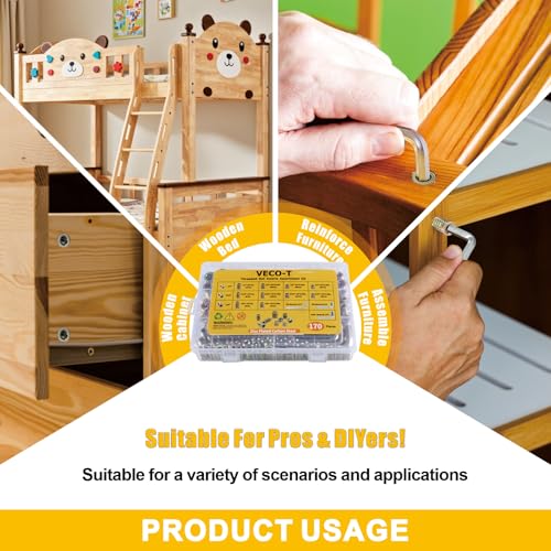170 PCS Threaded Inserts for Wood Assortment Kit - 10 Sizes (1/4"-20, 5/16"-18, 3/8"-16) with M6/M8/M10 Hex Wrenches - Steel Inserts for Furniture Screws, Wood Furniture & Cabinet M LMTJ001 golden