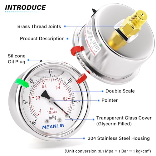 MEANLIN MEASURE -30inHG~0Psi Vacuum Gauge Stainless Steel Liquid Filled 1/4" NPT 2" FACE DIAL for Air Compressor HVAC Negative Pressure Hand Pump Pool Center Back Mount with Hex Bushing and 2PCS Snaps -30inHG-0Psi