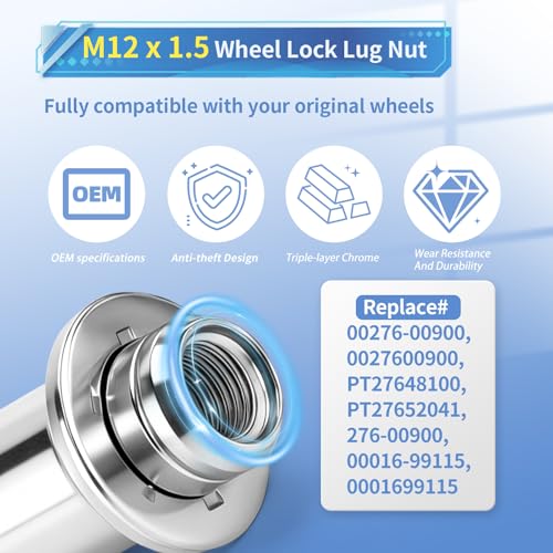 00276-00900 M12 x 1.5 Wheel Lock Lug Nut Set Compatible with 2001-2025 Toyota Avalon Camry Celica Corolla Highlander Matrix Mirai MR2 Prius RAV4 Sienna Solara Tacoma, Anti Theft (Chrome)