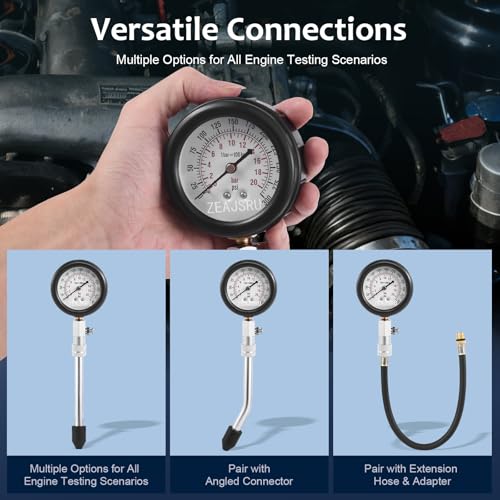 Engine Compression Tester Kit 8PCS, 0-300 PSI Cylinder Pressure Test Tool for Gasoline Engines on Cars, Motorcycles, ATVs & Small Engines with Dual Scale Gauge and Adapters (Black-8PC) Black-8PC