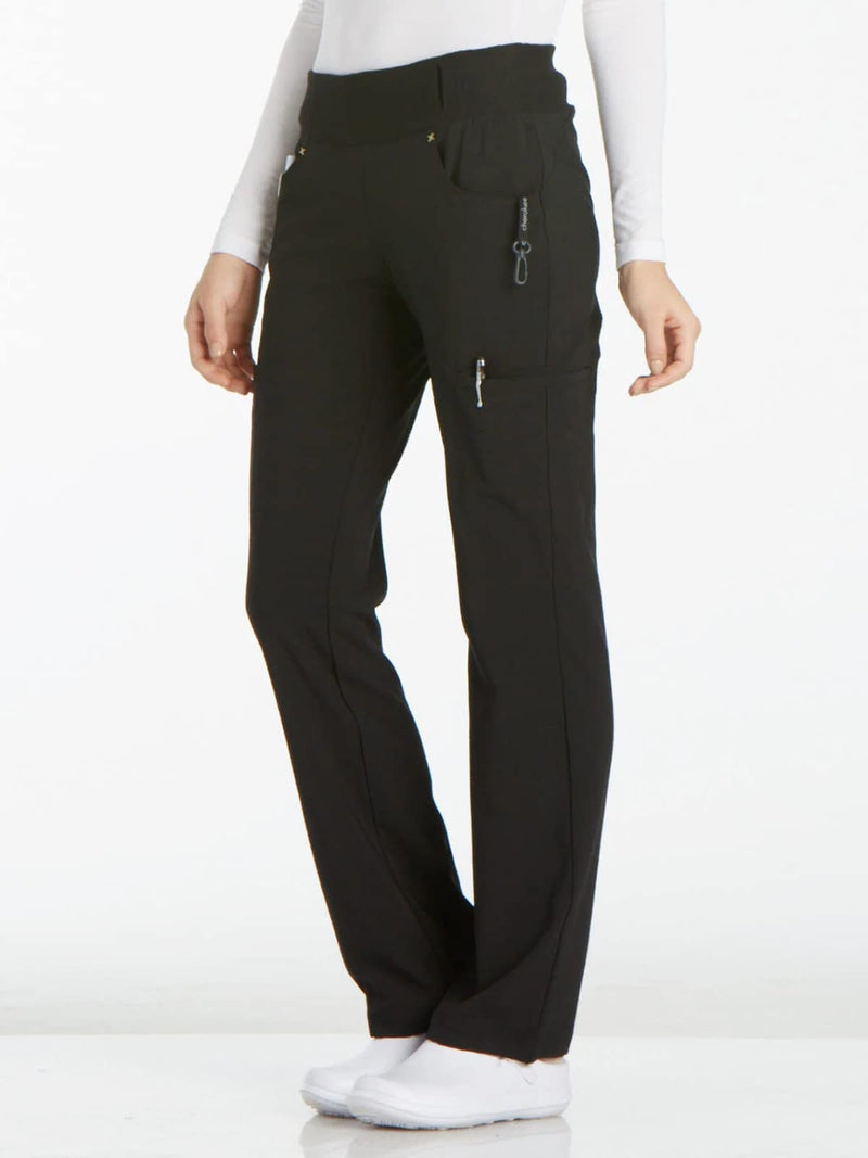 Cherokee Scrubs for Women Mid Rise Straight Leg Scrub Pants For Women Pull-on Bottoms with 6 Pockets & 360° Stretch - CK002 Medium Black