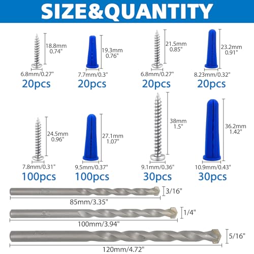 Conical Concrete Wall Anchors and Screws Assortment Kit, 340 Pcs Masonry Anchors with 3PCs Drill Bit,170 Brick Wall Anchors and 170 Self Tapping Screws, Blue