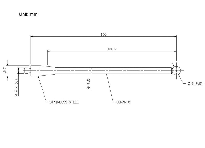 CMM Touch Probe Stylus Ceramic Stem M4 Thread 6mm Diameter Ruby Ball Tip 100mm Long A-5000-3712 (M4*D6*L100)