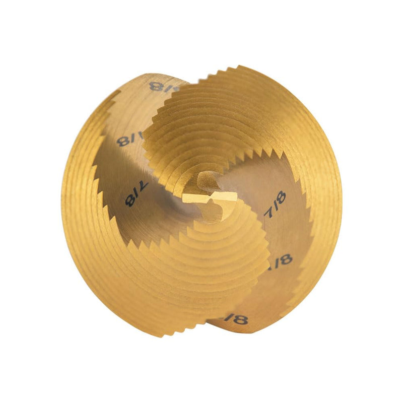 Klein Tools 25960 Step Drill Bit, 7/8 to 1-3/8-Inch, Spiral Double-Fluted, Cut Thin Metal, Plastic, Aluminum, Wood, 1/4-Inch Hex Shank, VACO