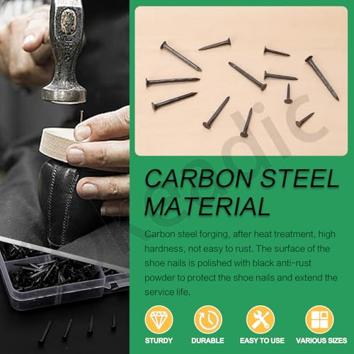 Keadic 1200Pcs Black High Strength Nails Kit, 10/13/16/19/22/25mm Black Shoes Nails Assortment Kit Metal Nails Tacks Anti-Slip Carbon Steel Nails Tacks Replacement for Boots Leather Repairs