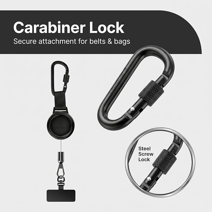 2 Pack Anti-Theft Phone Tether, Retractable Phone Lanyard with Steel Cable, Locking Carabiner & 360° Swivel, Universal Phone Tether Tab for Outdoor Skiing, Hiking, Fishing, Travel & Daily Use, Black