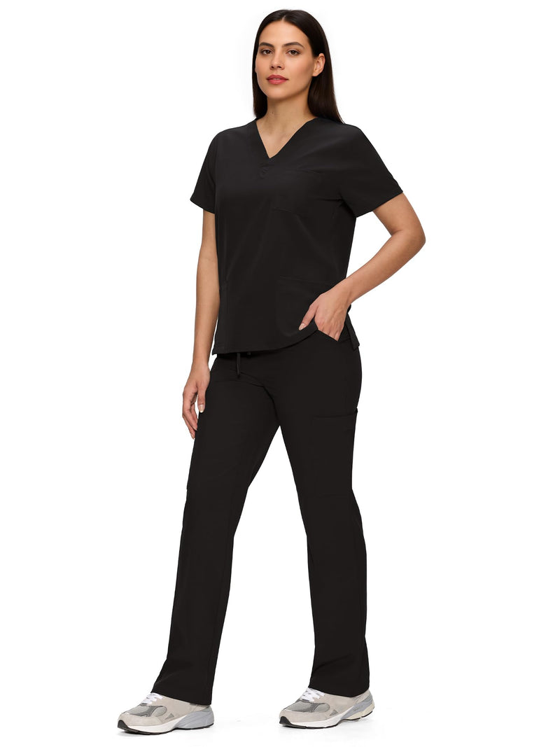 floralhue Scrubs for Women Set, Medical Women Scrubs, V-Neck Top and Straight Leg Pants with 11 Pockets (Relaxed Fit) Petite X-Small Black