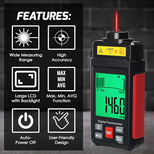 Digital Tachometer RPM Meter with LCD Display, Non-Contact and Contact Rotation Speed Tester, Handheld Motor Speed Gauge for Automotive, HVAC, Industrial Equipment
