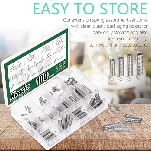 Keadic 100Pcs 25 Sizes Stainless Steel Extension Spring Assortment Set, 0.3/0.4/0.5/0.6/0.7/0.8/0.9/1/1.2mm Wire Diameter Small Mechanical Springs for Shop Home Repairs K2537