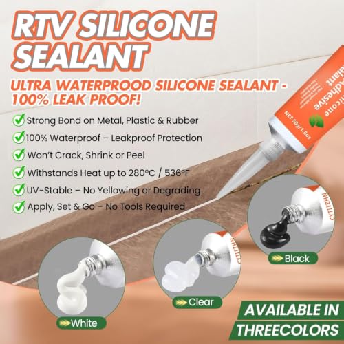 RTV Silicone Adhesive Sealant – 100% Silicone, Waterproof, Strong Adhesion, Shrink & Crack Resistant, All-Purpose Caulk for Car, Kitchen, Bathroom, Window & Door Sealing – 3.4 Fl. Oz (Grey) Grey