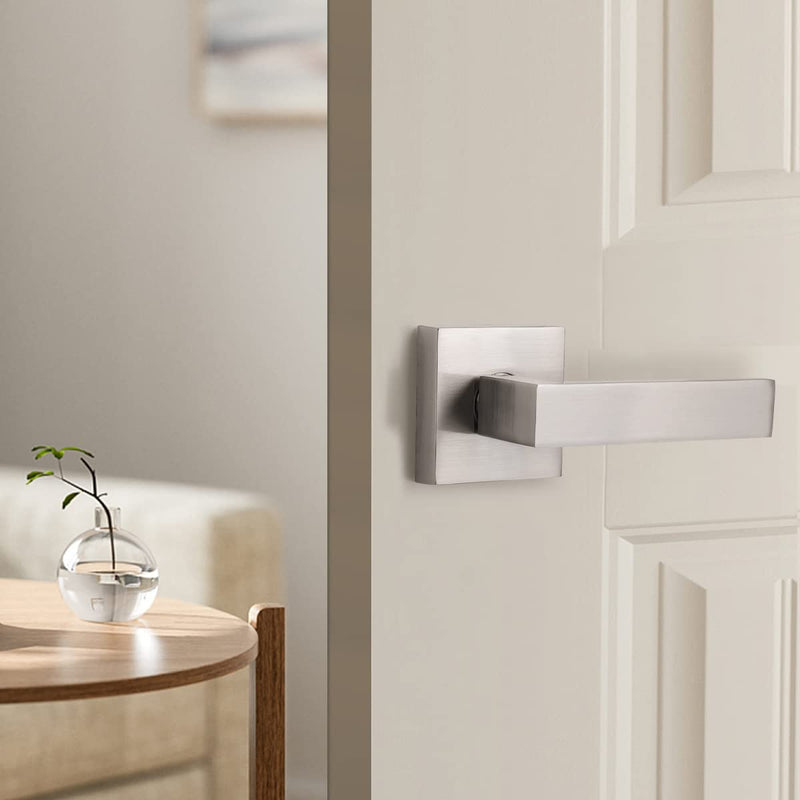 Gobrico 5 Pack Dummy Door Handles in Brushed Nickel, Non-Turning Interior Door Levers, Heavy Duty Single Side Pull Handles for Closet Pantry Satin Nickel