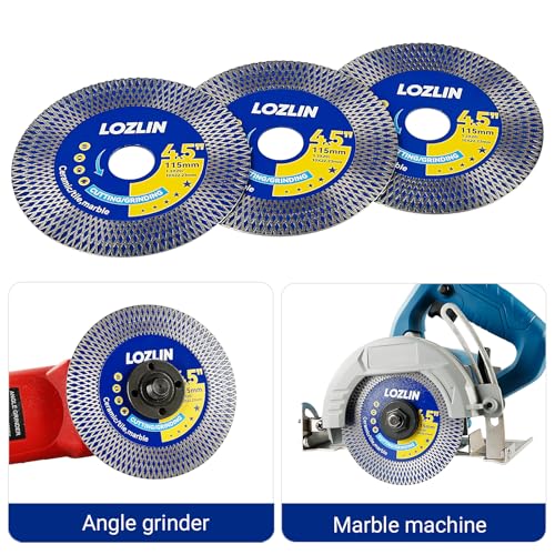 LOZLIN Diamond Blades 3-Pack 4.5" Diamond Angle Grinder Blade - Ultra-Thin Dry Cutting & Grinding Disc for Porcelain/Ceramic Tiles, Dual-Purpose Saw Blade