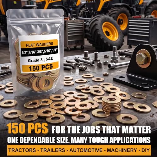 Shimeyao 150 Pcs Grade 8 SAE Flat Washers 1/4", 5/16", 3/8", 7/16", 1/2"