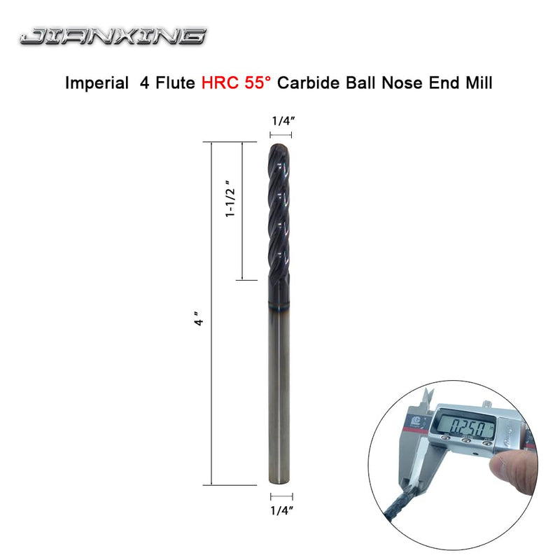 1/4" Extra Long Carbide Ball Nose End Mill for Alloy Steels/Hardened Steels, 4" Overall Length End Mill Bits, 4 Flute HRC 55 Deg AlTiN Coating, CNC Router Bits (1 Piece) 1/4" Extra Long