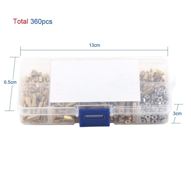 360pcs Hex Brass Standoff M2.5 Male-Female Threaded Spacer Standoff Screw Nut Pillar Standoff Assortment PCB Motherboard Assortment Kit Used in Machinery Industry, Electronic Industry