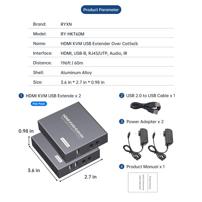 HDMI KVM Extender Over Cat5e/6 1080P Transmits Up to 196ft/60m, with 2 USB Ports Supports Mouse and Keyboard Remote Control, Feature Audio Extractor Function