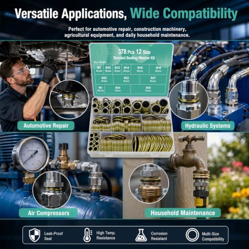 Bonded Sealing Washer Assortment Kit - 378 Pieces, 12 Sizes (M5-M20), Copper Metal with Rubber Seal for Automotive Hydraulic Plumbing, Organized Storage Case