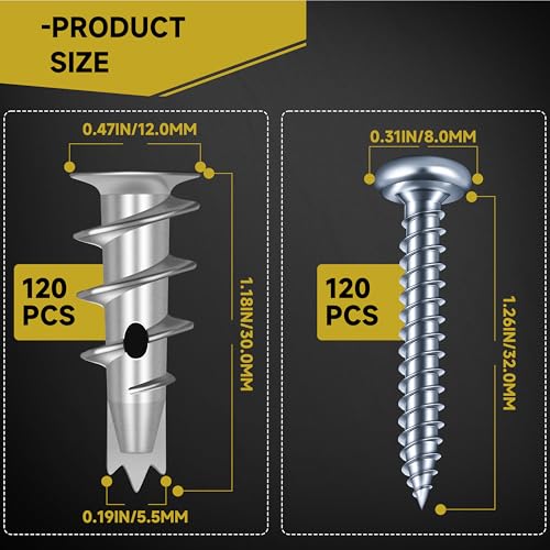 Mywish Zinc Self Drilling Drywall Anchors, Hollow Wall Anchors and Screws Kit, Drywall Screws, 120pcs Heavy Duty Metal Wall Anchors and 120pcs #8 x 1-1/4'' Screws (240Pcs All Together) Tri-point 120